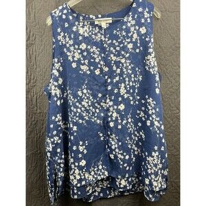Christina B Sleeveless Double Layered Floral Blouse Blue & White SZ XL Cute Chic
